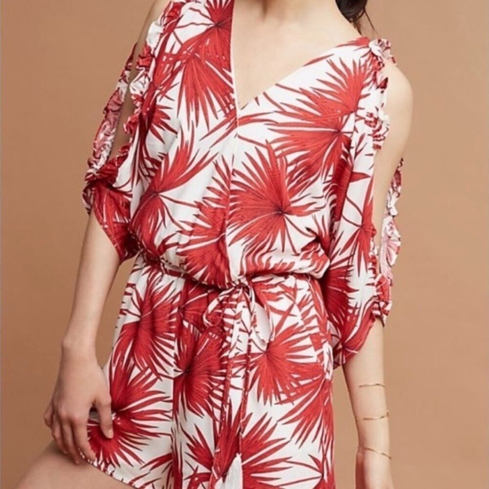Bishop + Young Palm Print Romper Red White Cold Shoulder Tassel Women’s L NWT